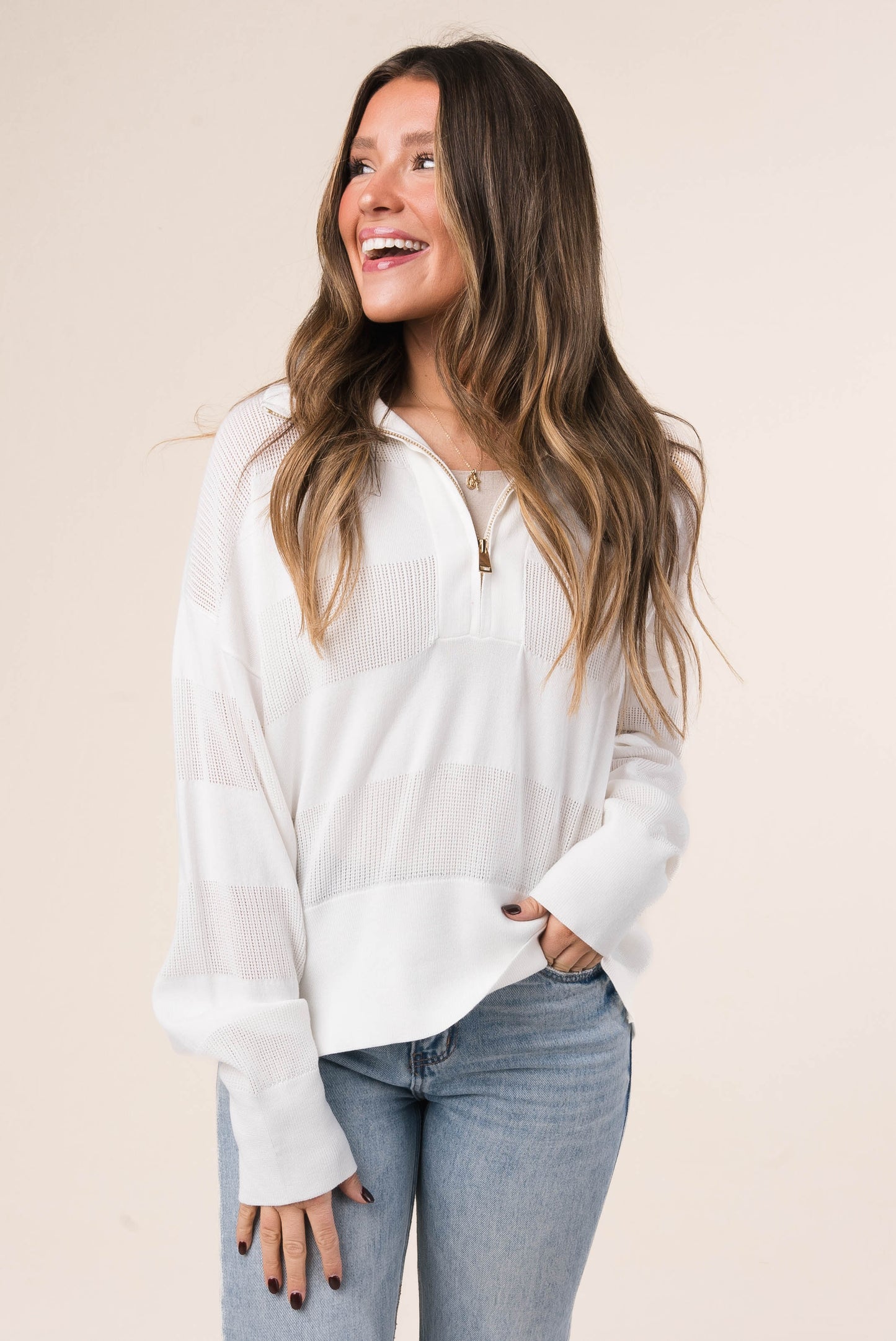 Mixed Knit Half Zip Pullover