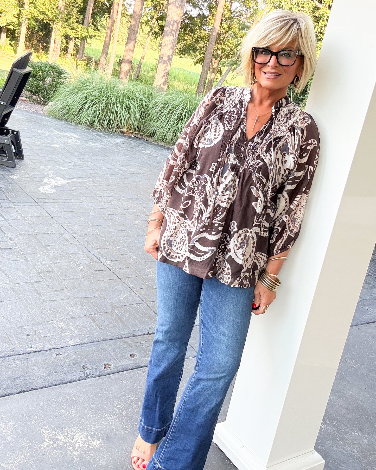 Southern Sass Paisley Smocked Tie Neck Blouse