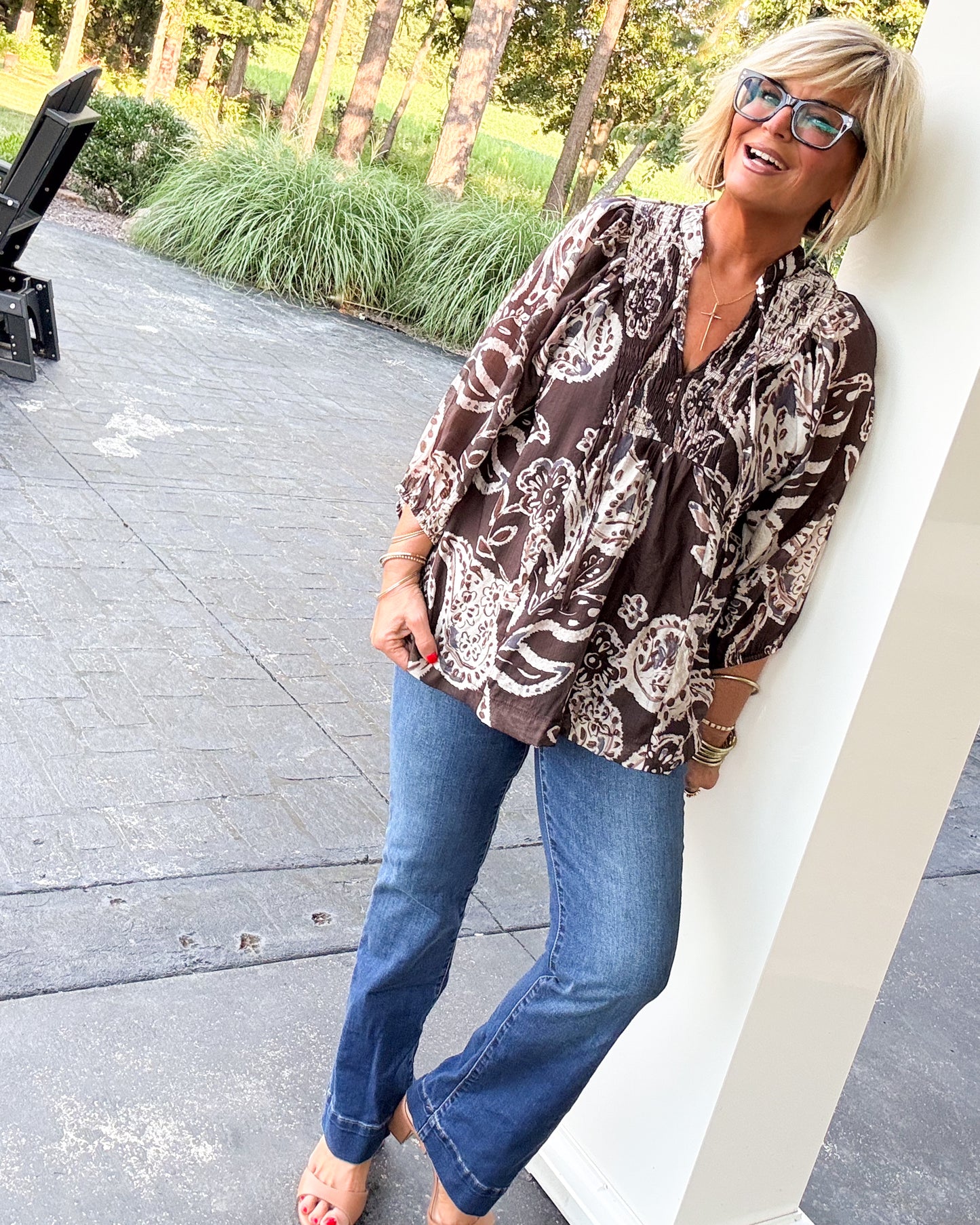 Southern Sass Paisley Smocked Tie Neck Blouse