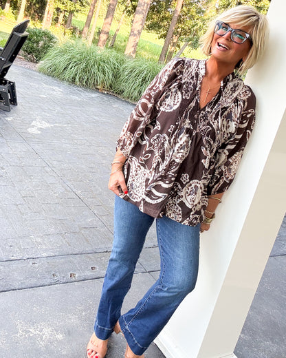 Southern Sass Paisley Smocked Tie Neck Blouse