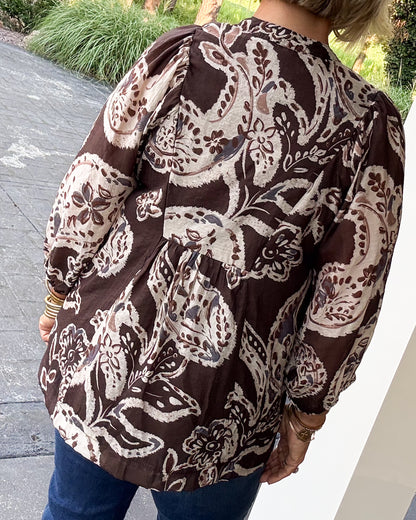 Southern Sass Paisley Smocked Tie Neck Blouse
