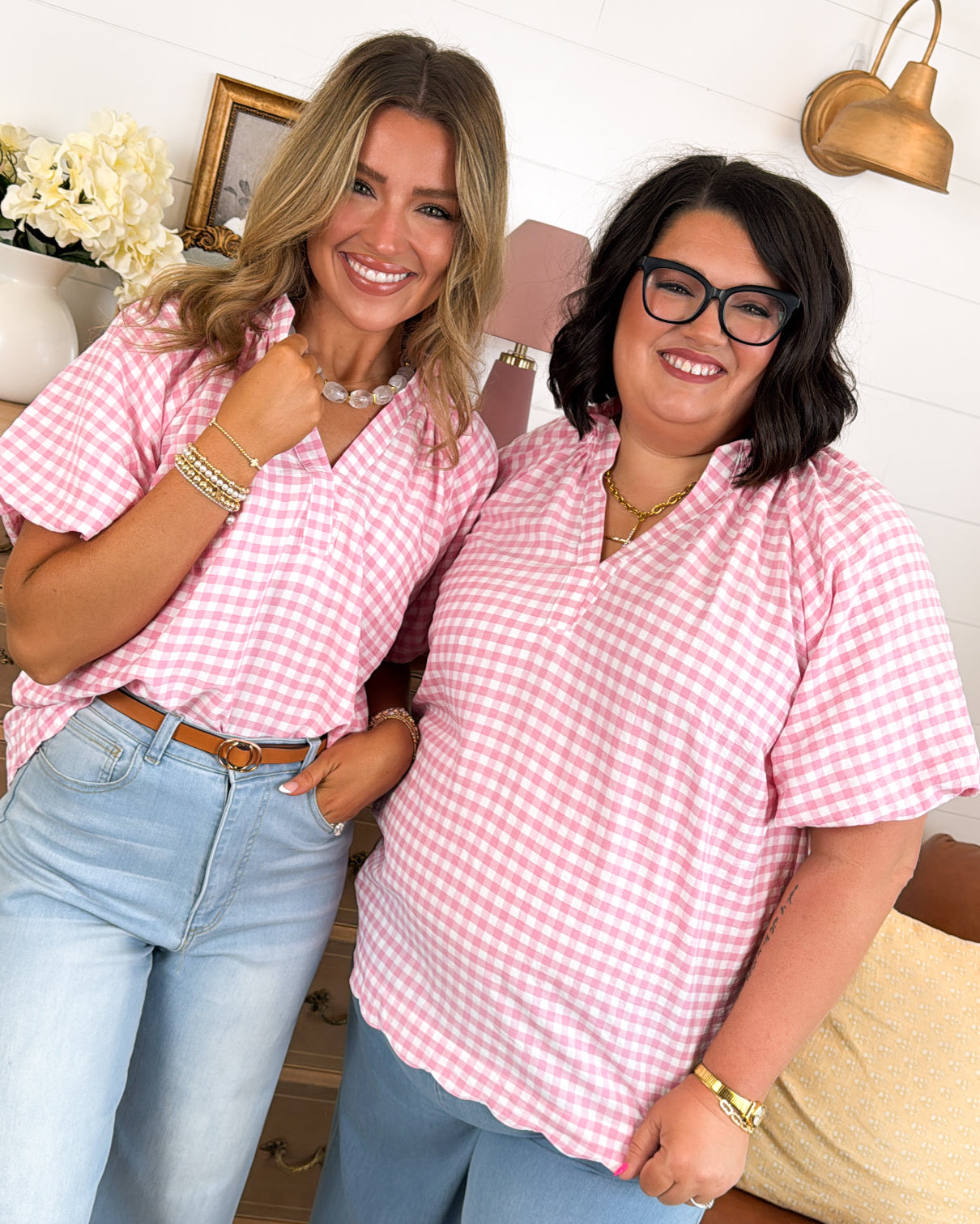 Coastal Cottage Gingham Scallop Hem Blouse