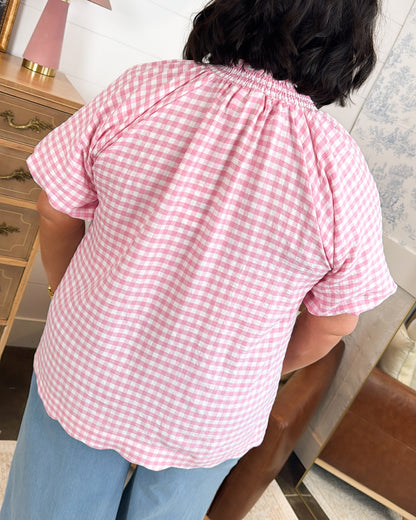 Coastal Cottage Gingham Scallop Hem Blouse
