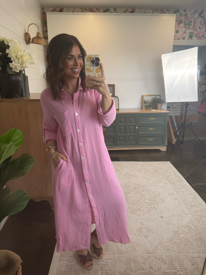 Le Evelyn Gauze Knit Tab Sleeve Duster Shirt Dress