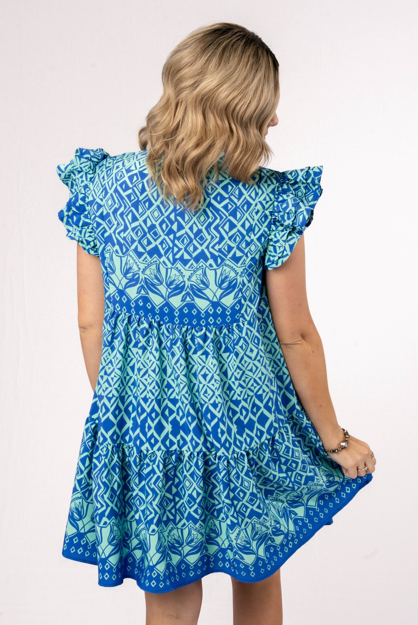 Mixed Print Ruffle Shoulder Dress