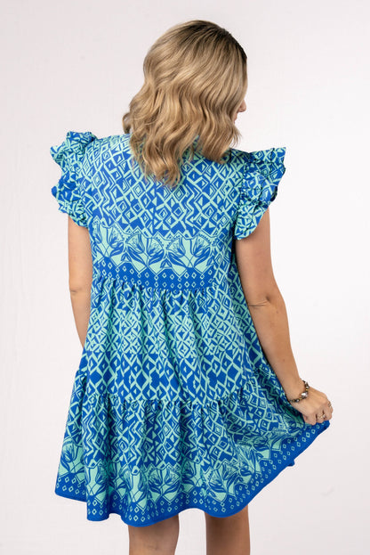 Mixed Print Ruffle Shoulder Dress