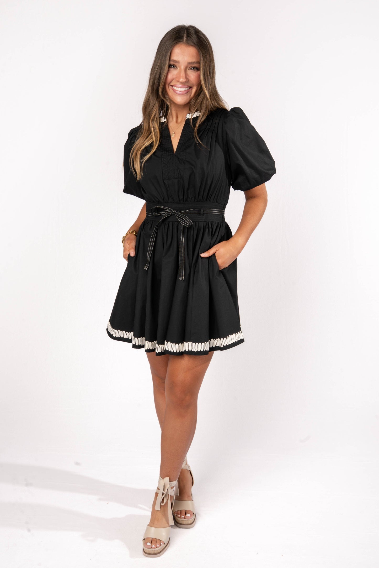 Embroidered Trim Belted Dress