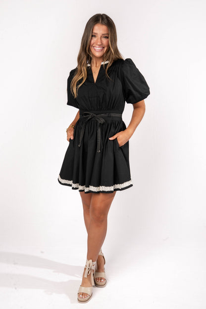 Embroidered Trim Belted Dress