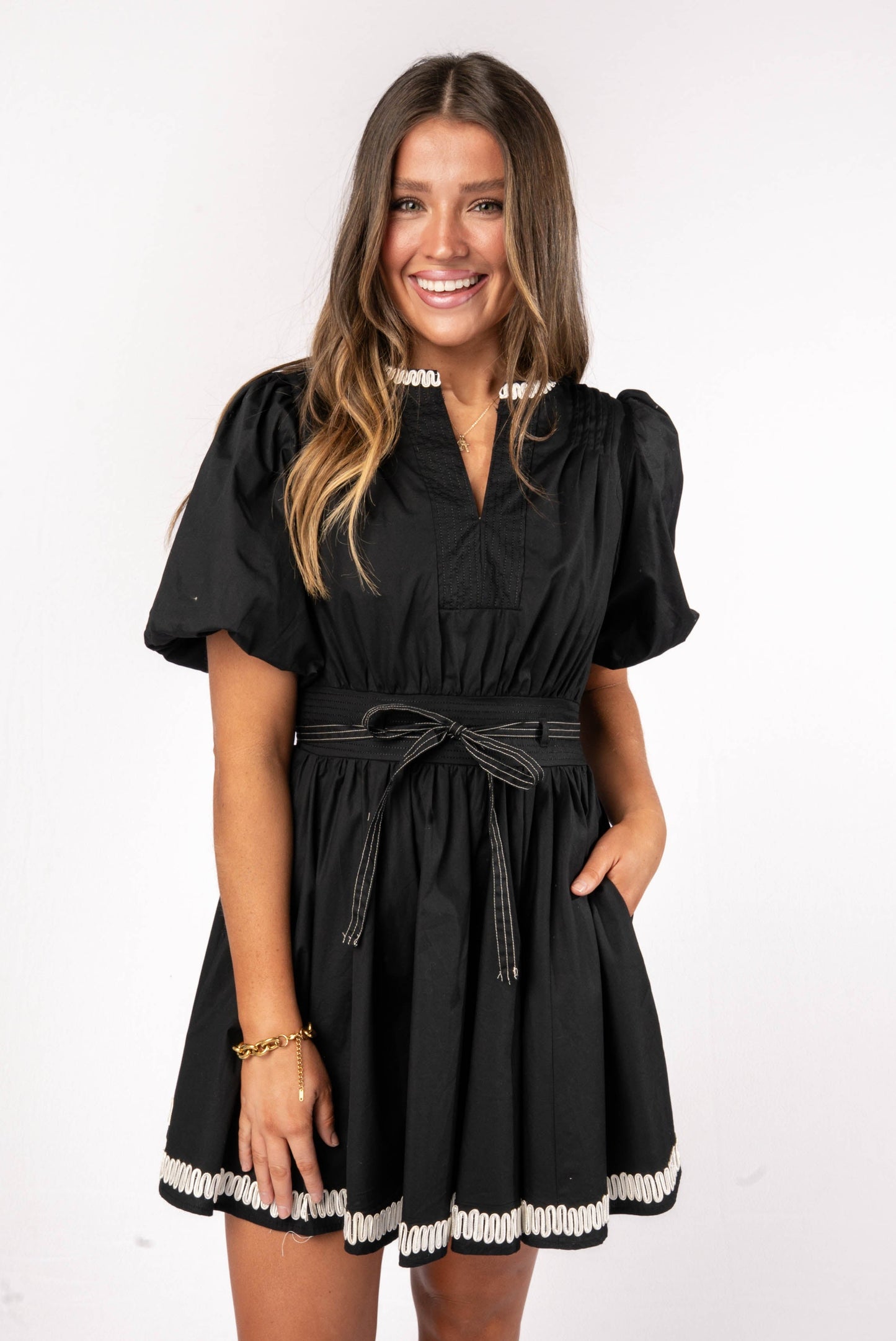 Embroidered Trim Belted Dress