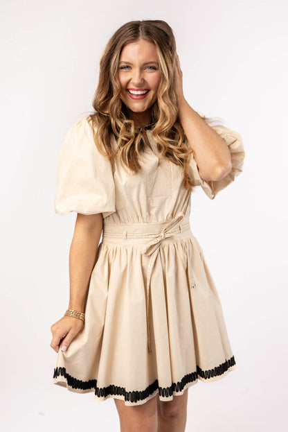 Embroidered Trim Belted Dress
