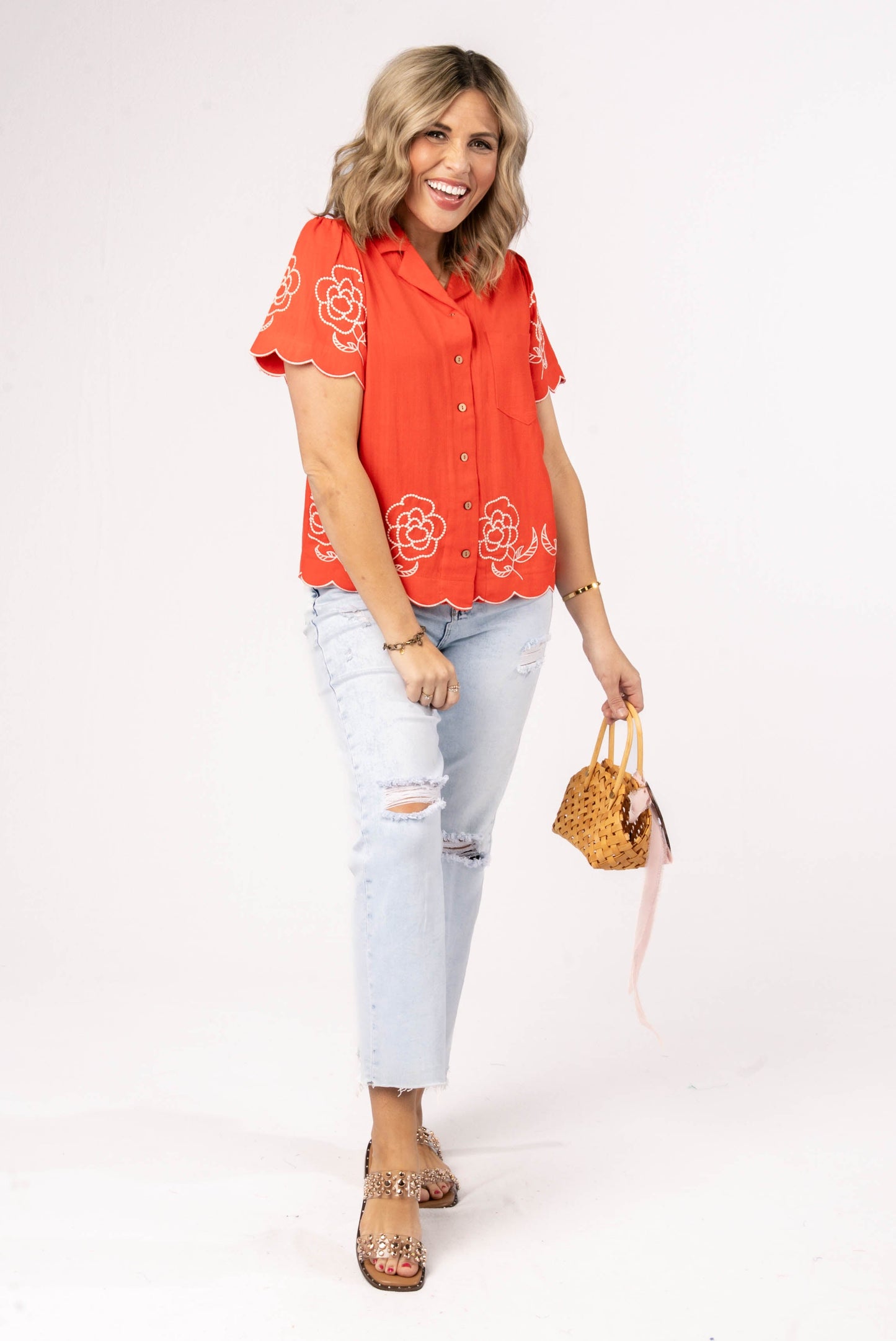 Floral Embroidered Scallop Edge Top