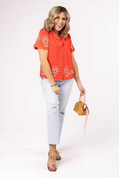 Floral Embroidered Scallop Edge Top