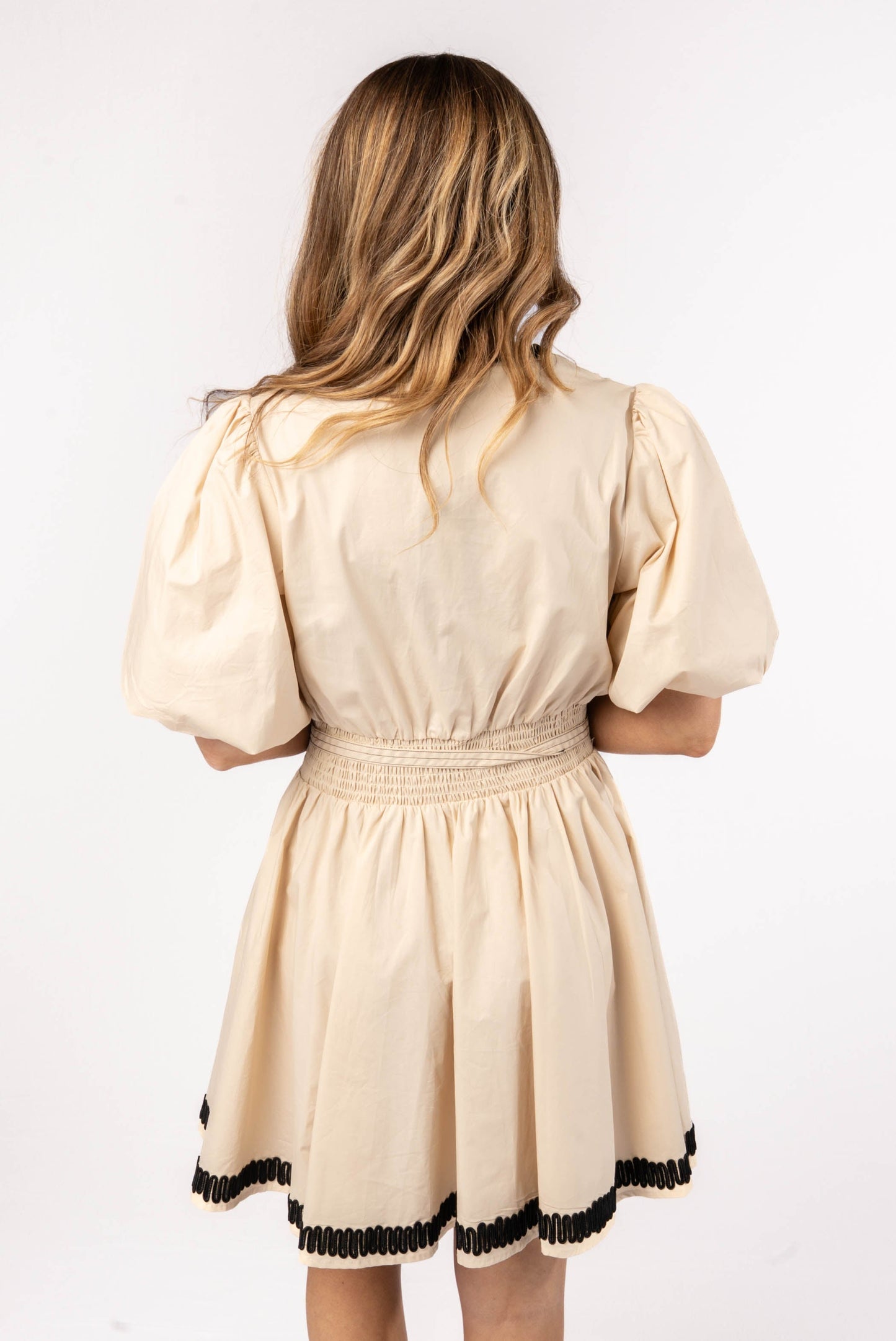 Embroidered Trim Belted Dress
