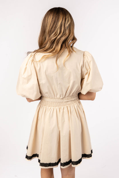 Embroidered Trim Belted Dress