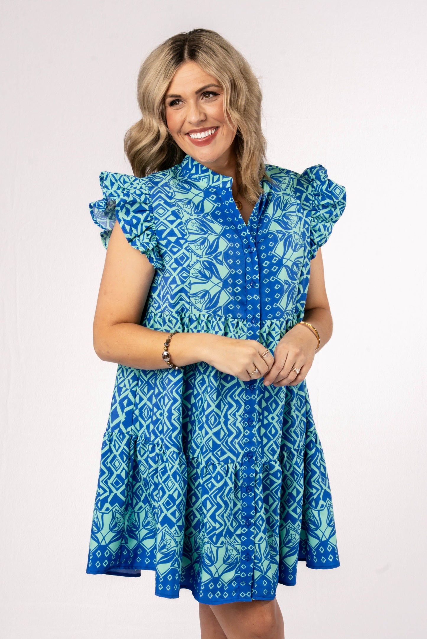 Mixed Print Ruffle Shoulder Dress