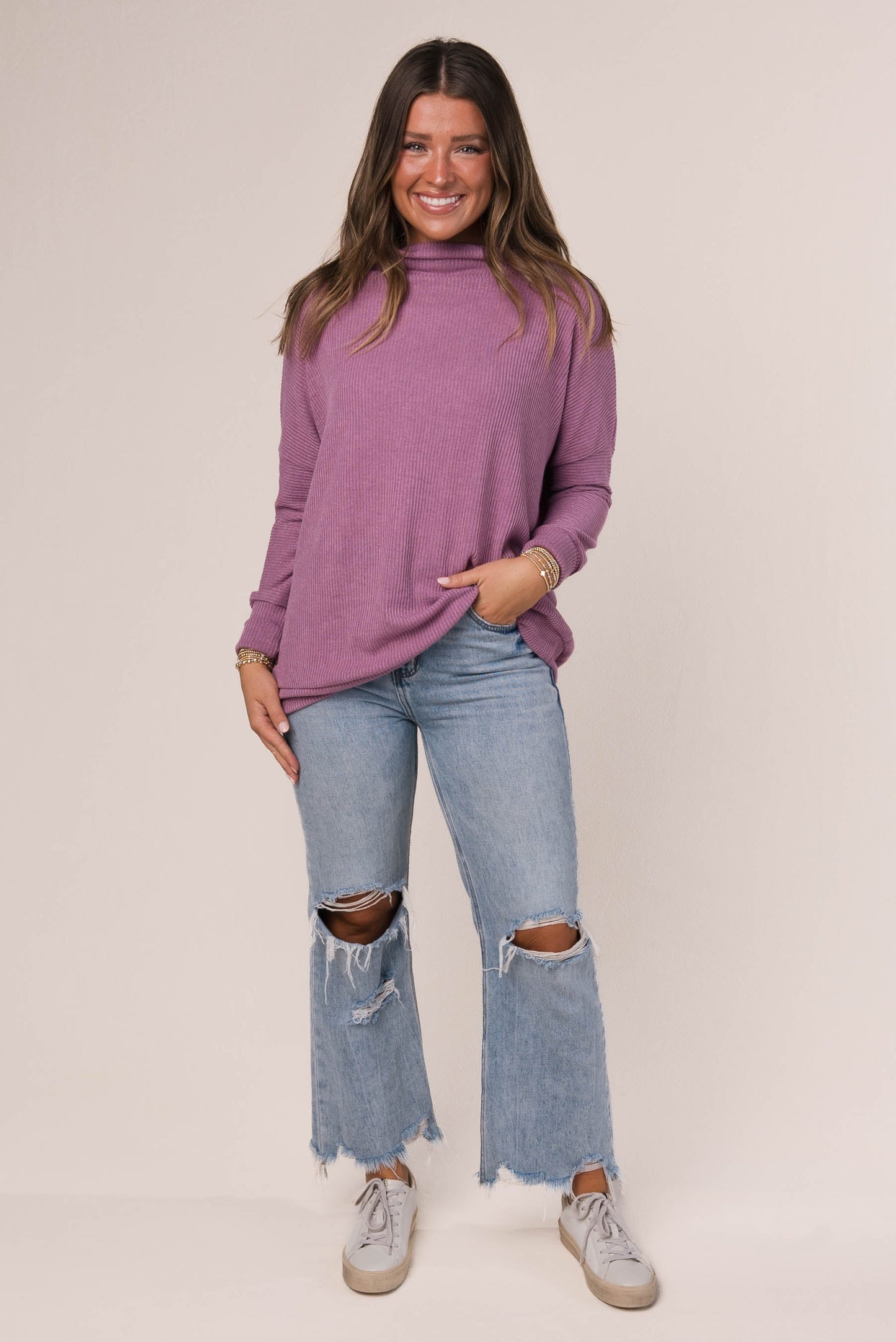 Ribbed Draped Neck Top