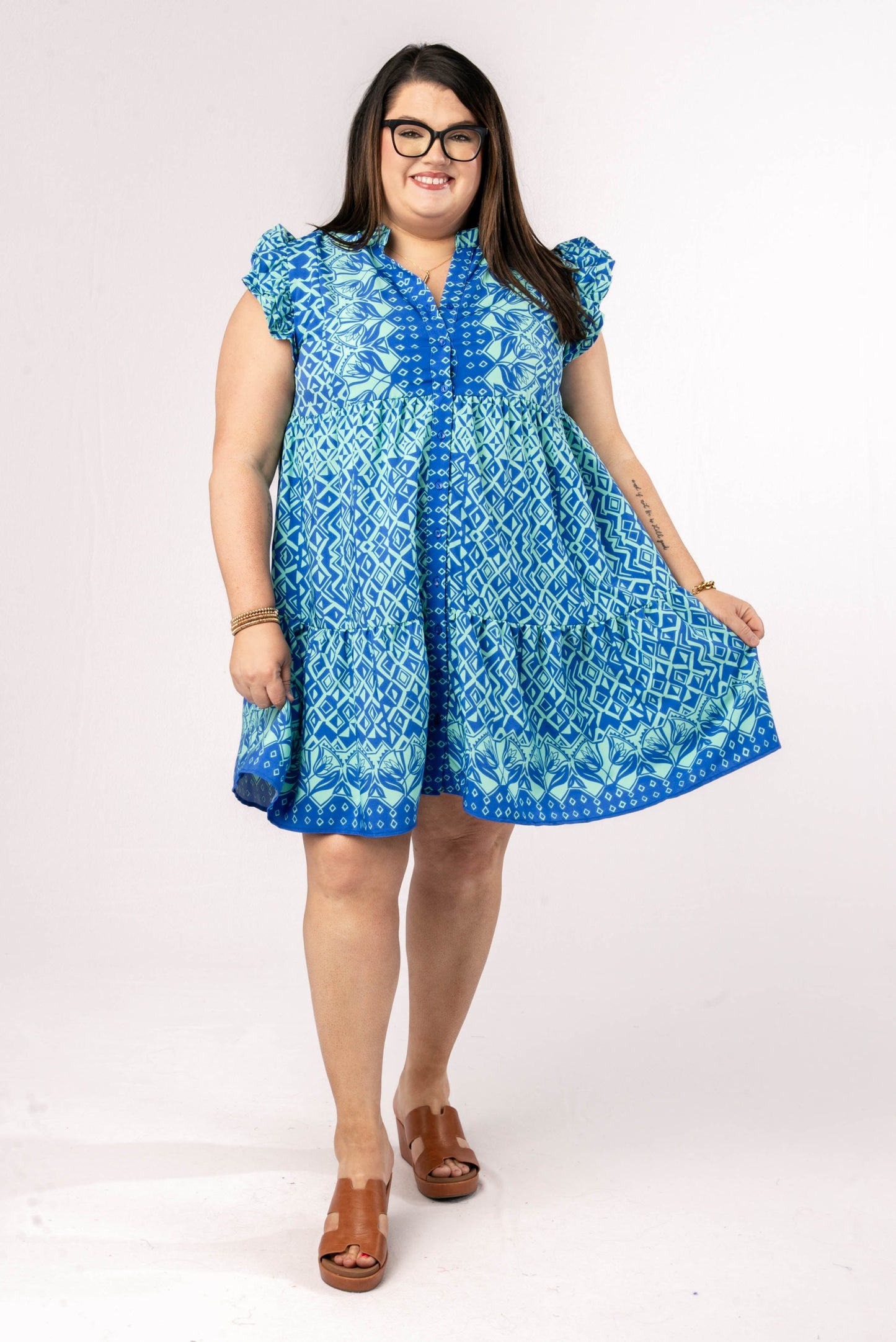 Mixed Print Ruffle Shoulder Dress