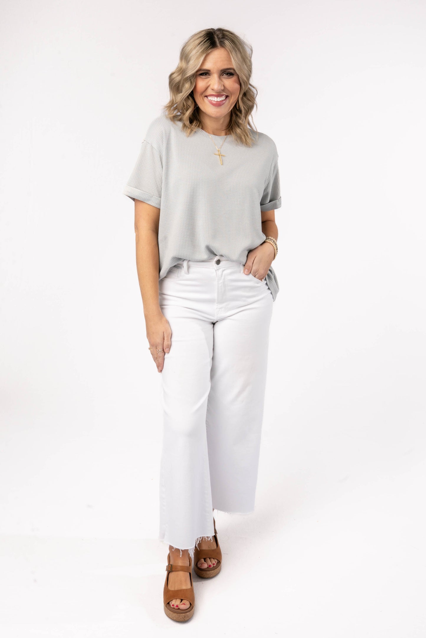 Waffle Knit Cuffed Sleeve Top