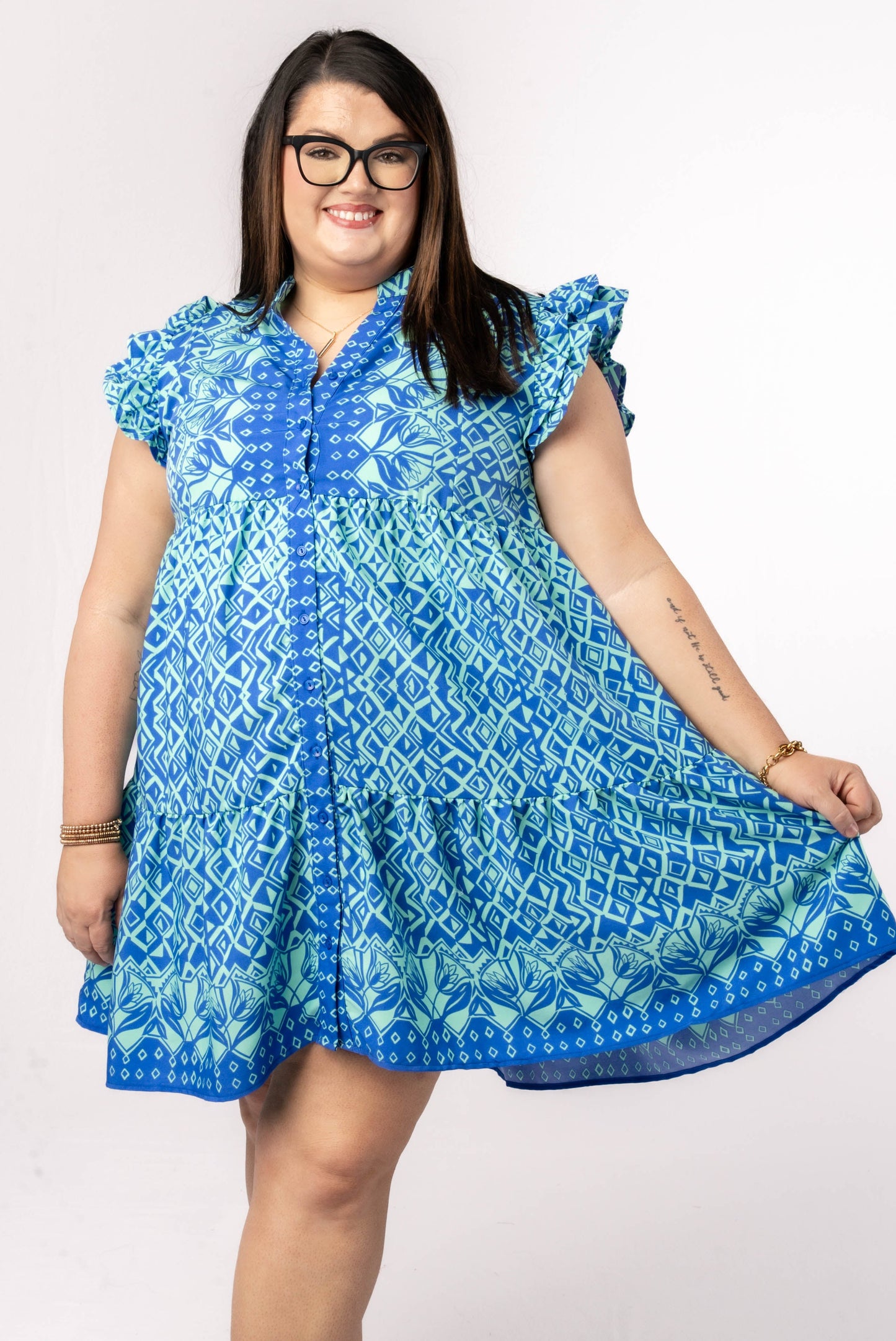 Mixed Print Ruffle Shoulder Dress