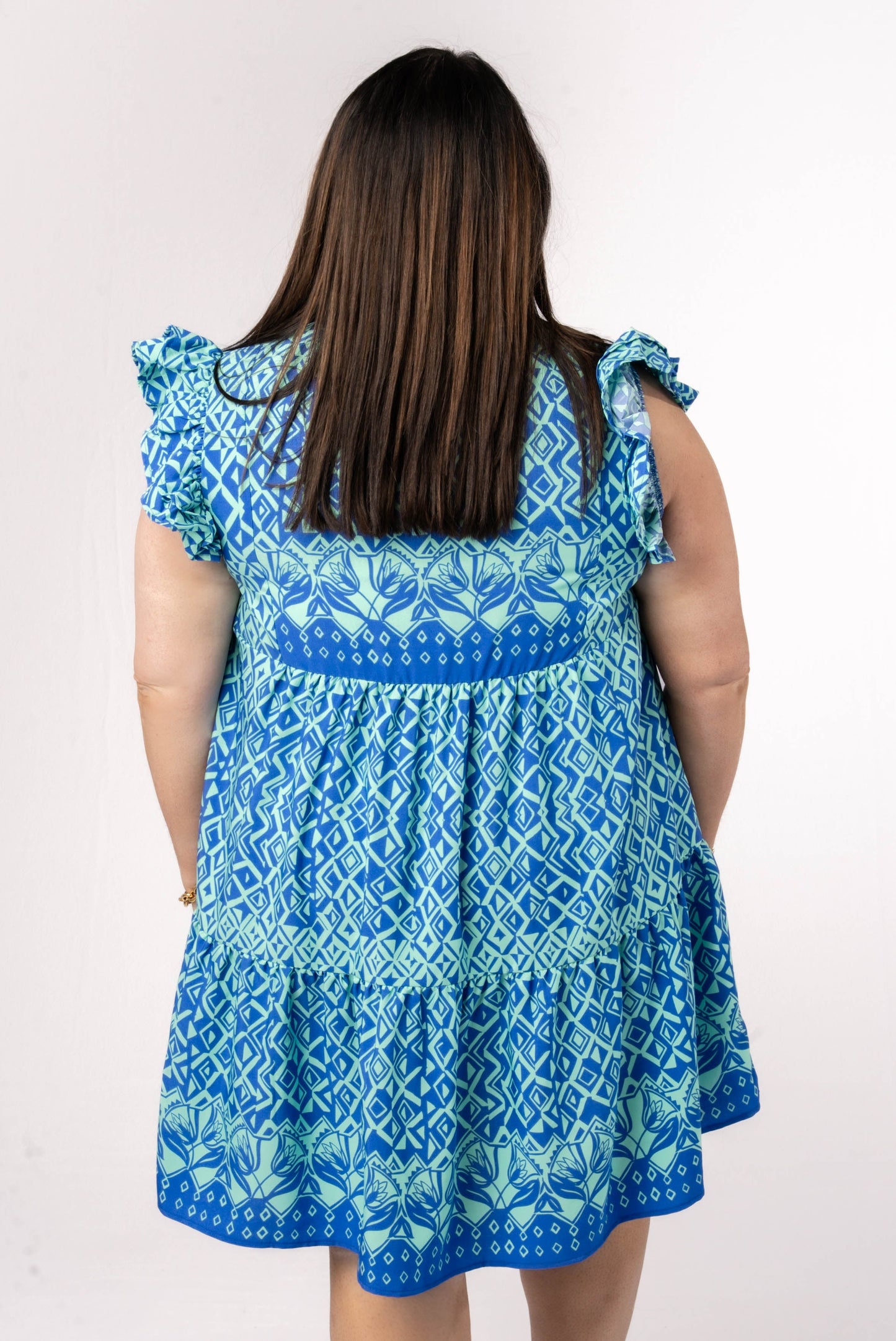 Mixed Print Ruffle Shoulder Dress