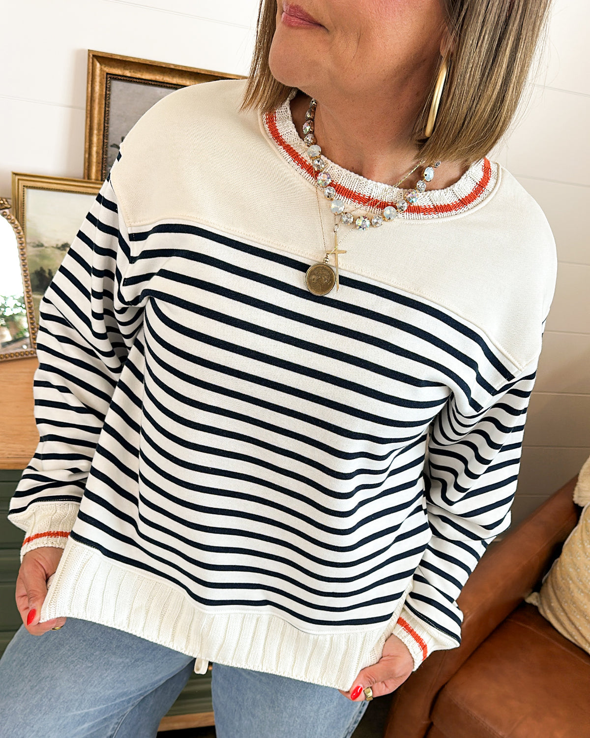 Ready To Rally Striped Contrast Trim Pullover